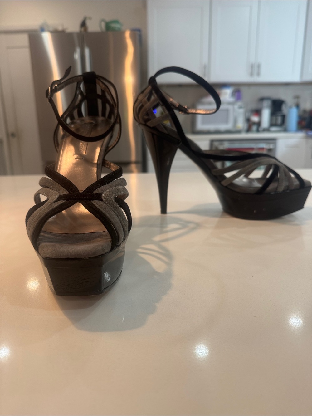 BCBG, Max Azria Black and Gray suede Strappy Platform High Heel Sandals